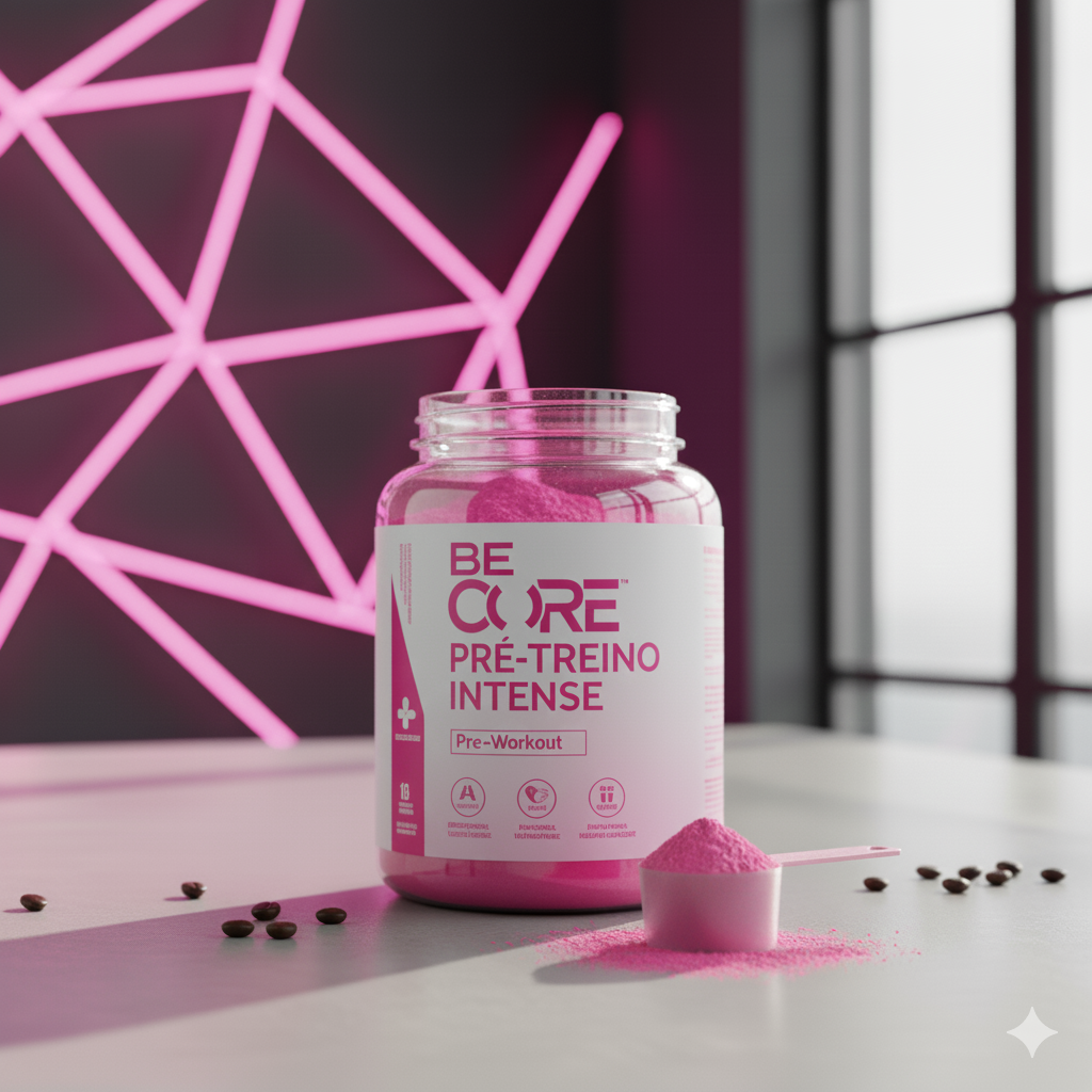 Imagem do pote de Be Core Pré-Treino, suplemento em pó desenvolvido para fornecer energia, foco e resistência antes do treino. Formulado com ingredientes que estimulam o desempenho físico e mental, ele ajuda o corpo a realizar treinos mais intensos e eficientes, mantendo a disposição e evitando fadiga ou desconforto.