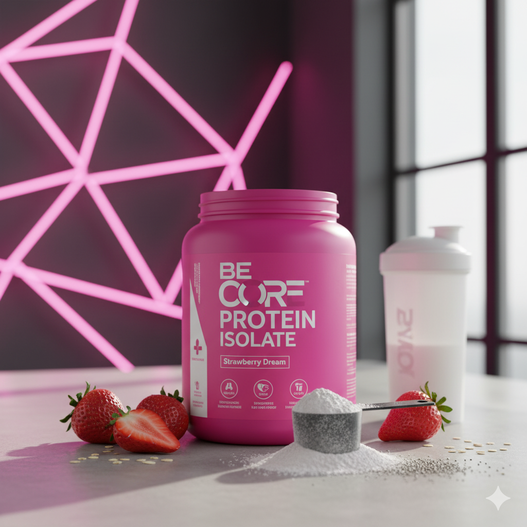 Imagem do produto Be Core Whey Concentrado, suplemento proteico em pó destinado a auxiliar no crescimento, recuperação e fortalecimento muscular.